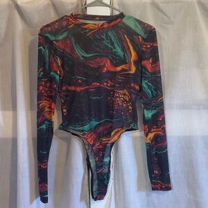 Abstract Marble-Print Long Sleeve Bodysuit - Teal, Orange, Red